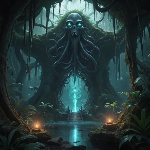 Prompt: Transport the viewer to a Lovecraftian-inspired alien jungle world, pulsating with dark magic and ancient enigmas. Envision a dynamic scene where a mysterious, dark magician, shrouded in ethereal shadows, is in the midst of performing arcane rituals amidst the surreal, bioluminescent jungle.
Capture the essence of this cosmic horror by placing the viewer in the midst of the action. Frame the dark magician with a dynamic camera angle — perhaps a low-angle shot, looking up from the jungle floor, or a sweeping overhead view to emphasize the scale and grandeur of the scene. Incorporate the twisted, alien flora into the foreground, adding depth and mystery to the composition.
Integrate the remnants of ancient structures in the background, hinting at a forgotten civilization. Illuminate the dynamic scene with glowing, magical elements, such as symbols swirling around the magician and vibrant lights piercing through the dense jungle canopy.
Execute this captivating scene with a photo-realistic style, capturing every detail and nuance as if frozen in a moment of cosmic intensity. Employ post-production techniques to enhance the dynamic nature of the shot, considering subtle motion blur or depth-of-field effects to immerse the viewer in the mystique of this Lovecraftian landscape. Maintain a cinematic quality throughout, ensuring that every element contributes to the overall visual storytelling of this evocative image.