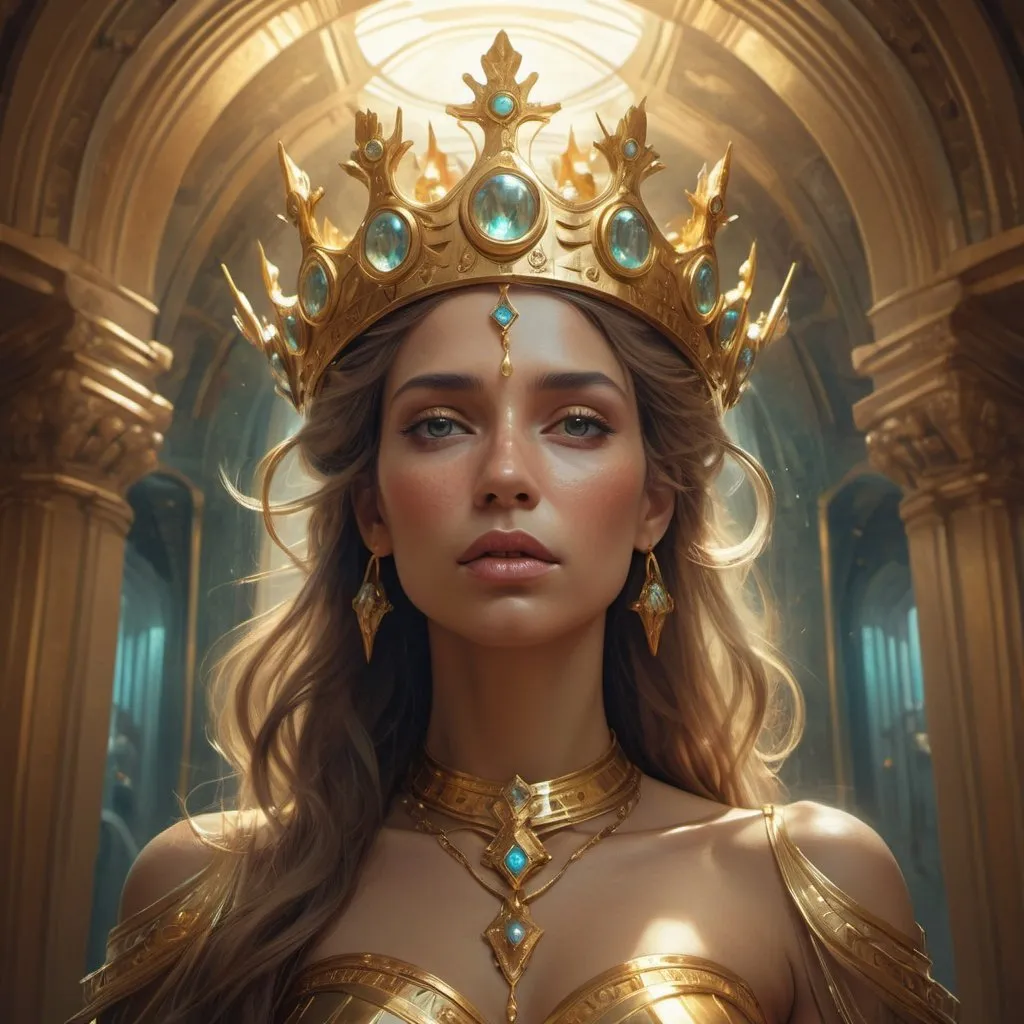 Prompt: The image of an Araved woman wearing a golden crown and divine light, artgerm julie bell beeple, beeple and alphonse mucha, 4k highly detailed digital art, greg beeple, intricate wlop, Tomasz Alen Kopera and CGsociety, Beeple and Jeremiah Ketner, artgem and beeple masterpiece