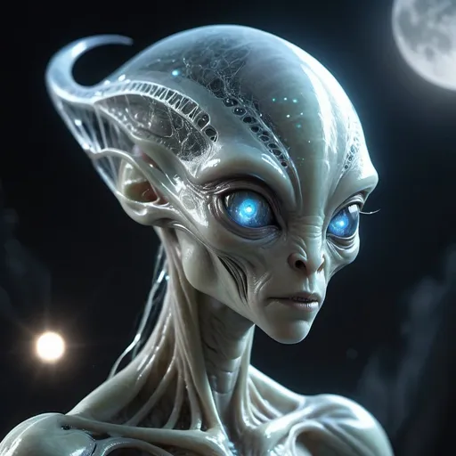 Prompt: fantchar, a translucent ethereal alien with delicate features in a sci-fi setting, glowing from within, sparks and lights, moonlight, moon, close-up, realistic, highly detailed, intricate