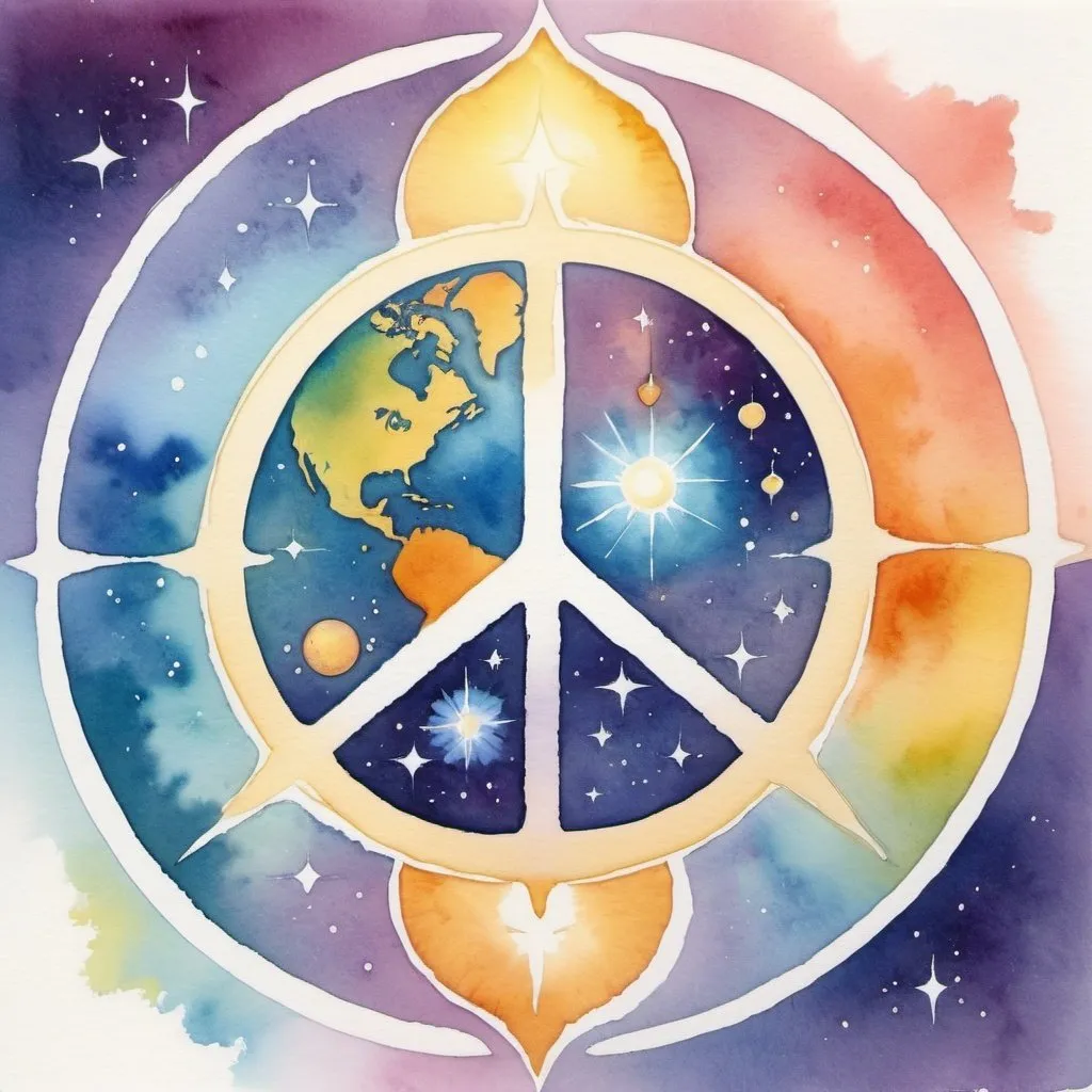 Prompt: Master of Life and Peace::1 serene, tranquil atmosphere, hub logo, radiant energy, cosmic harmony, painted with watercolor --ar 5:1 --s 250