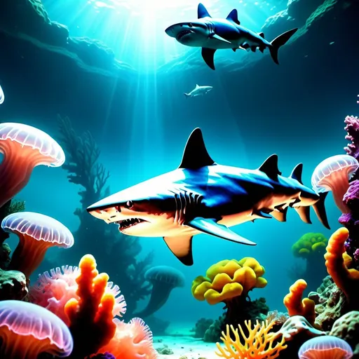 Prompt: Mutated undersea plantutated sharks，Deep sea background, Undersea scene, Underwater mutated light,Mutated jellyfish, Irradiated coral reefs, Sea of Radiation, Dynamic Angle, Break,Detailed,Realistic,4k highly detailed digital art,rendering by octane, Bio-luminescence, Break free from 8K resolution concept art, Realism,by Mappa Studios,Masterpiece,Best quality,offcial art,illustration,clear lines,(Cool_Color),Perfectcomposition,absurderes, fantasy,Focused,Rule of thirds