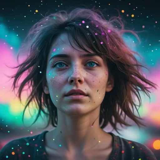 Prompt: A woman emerging from a blurry digital image, hair a chaotic mass of undefined neon colors, eyes empty voids. Sky filled with smeared dots, not stars, as she gazes forward emotionlessly. Muted, faded hues for a melancholic atmosphere --ar 16:9 --v 6.0 --style raw 