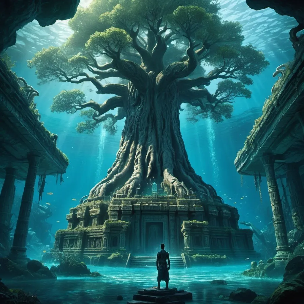 Prompt: arafed image of a man standing in front of a giant tree, undersea temple, submerged temple scene, key art, underwater temple, square enix cinematic art, dan mumford. maya render, submerged temple ritual scene, detailed digital 2d fantasy art, fantasy and cosmic horror movie, high fantasy art movie poster, lost temple, highly detailed fantasy art, cinematic fantasy painting