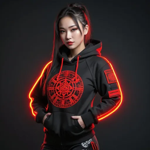 Prompt: Create a beautiful girl wearing a traditional mongolian techwear clothing hoodie with traditional tactical wear 
ornaments with pouches straps multiple pockets with artwork in neon glow in red