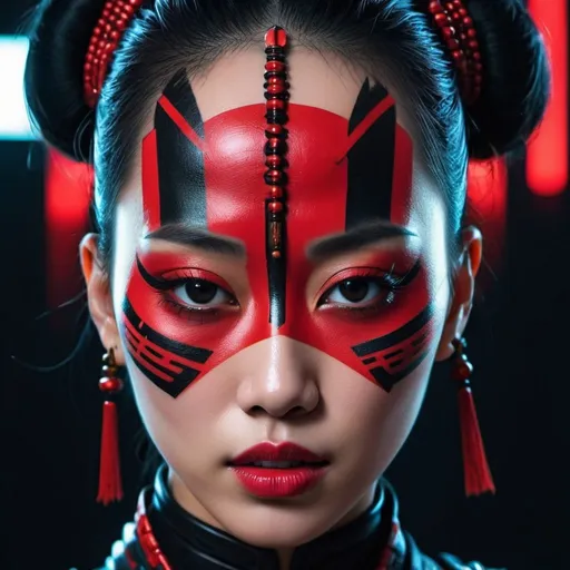 Prompt: Cyber punk glitch art Close-up of woman with red and black makeup, Oriental Face, beautiful oriental woman, detailed face of a asian girl, inspired by Hedi Xandt, portrait shot, asian face, asian woman, Regal and formidable appearance, Dramatic lighting on the face, Portrait of a cyberpunk samurai, inspired by Jin Nong