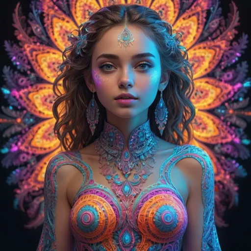 Prompt: (masterpiece, top quality, best quality, official art, beautiful and aesthetic:1.2), (1girl:1.3), extremely detailed,(fractal art:1.2),colorful,highest detailed,( zentangle neon:1.2), (dynamic pose), (abstract background neon:1.5), (treditional dress:1.2), (shiny skin), (many colors:1.4), upper body ,Neon,16K,Full HD