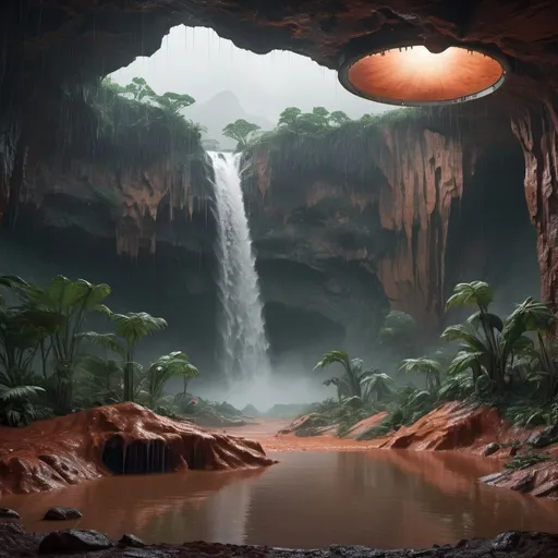 Prompt: Hyper realistic photograph of a mars jungle, massive waterfalls, rain, subtile lights, bar, k, masterpiece