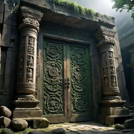 Prompt: scenography，Very unified CG scenes，（well worn），（Dense fog）
（There is an ancient and mysterious huge glass door in the ruins，Connect different time and space with the sky.），Its appearance is dark black，Inlaid with intricate golden patterns，Give people a kind of solemnity、mystical feeling。There are some ancient symbols carved on the door，It is said to be a spell used to open the door to time and space..。The ruins are a place full of mystery and mystery， (There are thick vines everywhere，entwined with ancient swaying boulders.：0.65），（Tall stone walls collapsed into thick green vines），Each of their stones looks exquisite，Presenting spectacular architectural aesthetics。Each stone wall is carved with intricate patterns，Every detail reveals a unique artistic sense。But these carvings weathered the storm，Many are incomplete， You can travel through time in these ruins，Towering temples and spectacular stone pillars are left only in ruins and desolate scenes.。 You can also see stone statues of different shapes scattered everywhere..，The statue has weathered hundreds of years，