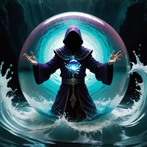 Prompt: Breathtaking shot of a (dark magician)+ completely engulfed++ in a large (ball of crystal clear water)+ floating (above the ground)1.2. The sorcerer+ is summoning large waves. no face, broken heart, broken mind, dark glowing eyes, perfect hands BREAK The overall mood is energized and angry. raging water, (yvonne coomber style)0.8, (digital artwork by Beksinski)1.7, (vibrant colors)1.3, (flowers), thematic background, dark, dystopian, abstract, colorfull, illustration