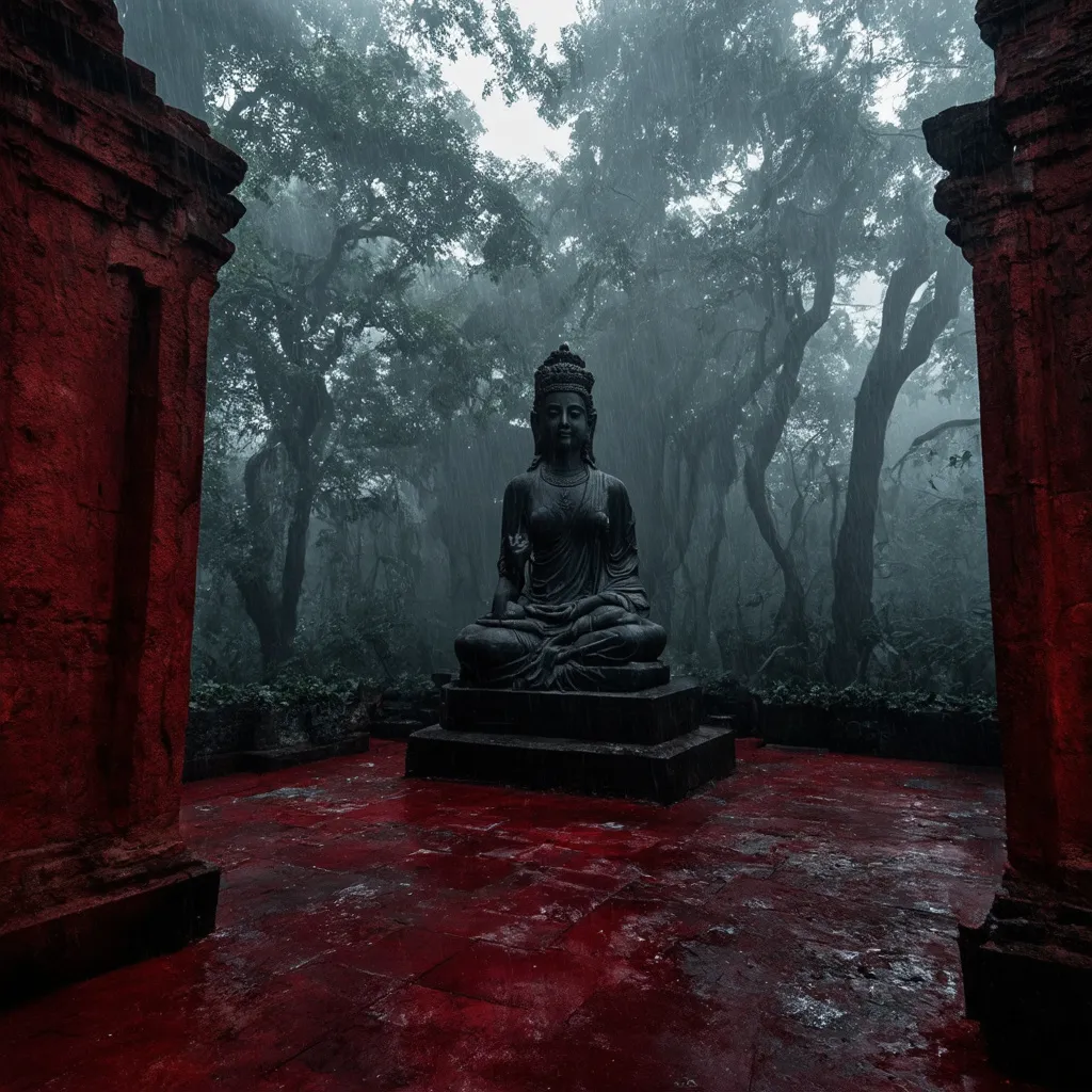 Prompt: A blood-red temple walls and floring in an ancient temple  stone statue of an ancient godess sculpture of divine gods in the rain forest mist smog and fog in the blood on the temple floor flooring atmosphere and pure black ston temple in the forest  cinematic photoshoot realistic lightings ulta hdr 32k high resolution, smooth and delicate skin, noble and elegant, ultra-realistic photography vibe, shot with Canon camera, intricate details, 32k --ar 16:9 --s 750 --v 6.1