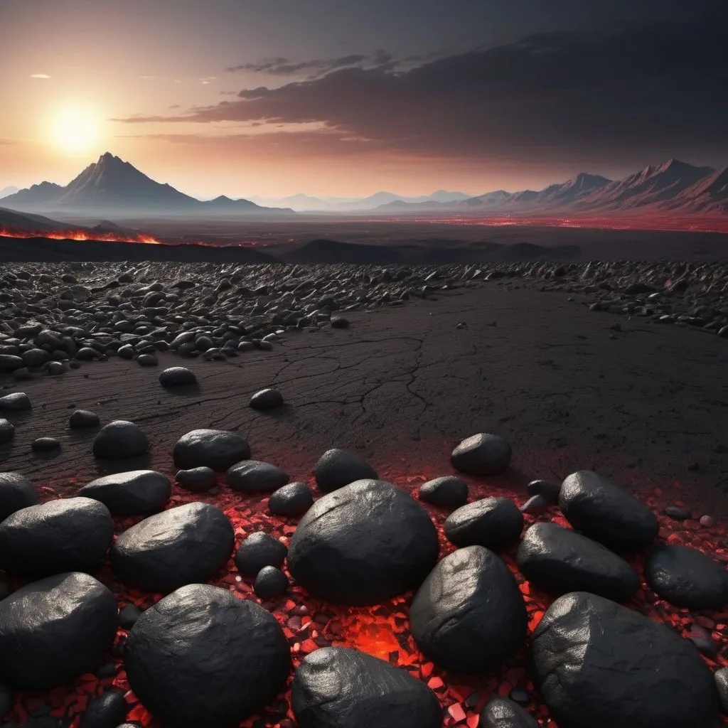 Prompt: here is a lifeless black scorched earth with stones to the horizon and a mountain in the distance (masterpiece), (best quality), CG 8k wallpaper, evening landscape, black, gray, red tones, setting sun, black earth