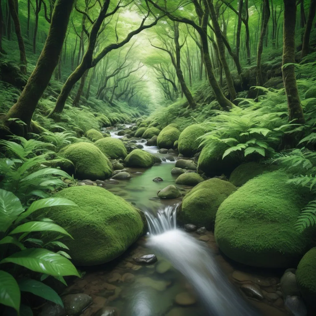 Prompt: Close-up of a stream flowing through a lush green forest, a picture by Tadashi Nakayama, unsplash contest winner, environmentart, japan lush forest, Lush green deep forest, anime lush john 8k woods, lush fairy forest, green forest, photography of enchanted forest, Lush forest, really beautiful forest, green flora forest, Deep forest, Magical environment