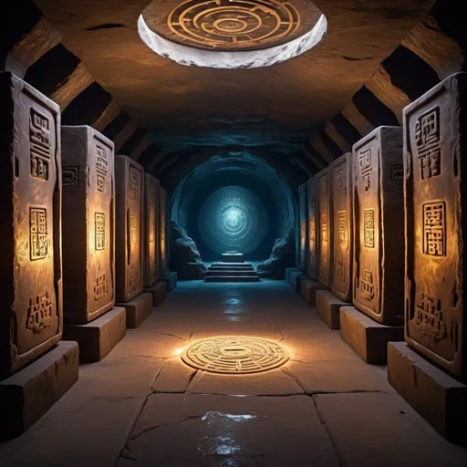 Prompt: A wonderful underground cave, Alien civilization ruins, a mysterious tomb, Metal coffin, a treasure, Sparkling gold coins, terracotta warriors, antiquities, cultural relic, alien hieroglyphics, future-tech, The strange power of magia, unknown cosmic energy, eye of control, Scan grid, epic, grand, octaneratingrendering, Enhanced, iintricate, ((Dark)),epic,8K,Fantastical,ultra - detailed,magia, Cast spells,black hole,threatening,Ridiculous resources,Abyssal,magia Circle,Excess energy,sci-fy,Abyssaltech,dark energy,Ethereal,solution,ssee-through,Abyss,Anti-tech,sci-fy,Pure energy, (tmasterpiece, flagship artwork, offcial art, professional, Unity8k wallpapers:1.3), ultra - detailed, (actual, photoactual, photo-actual:1.37), HighDynamicRange, hyper HD, Studio lighting, Ultra-fine painting, Focus sharp, physically-based renderingt, professional, vivd colour, bokeh.