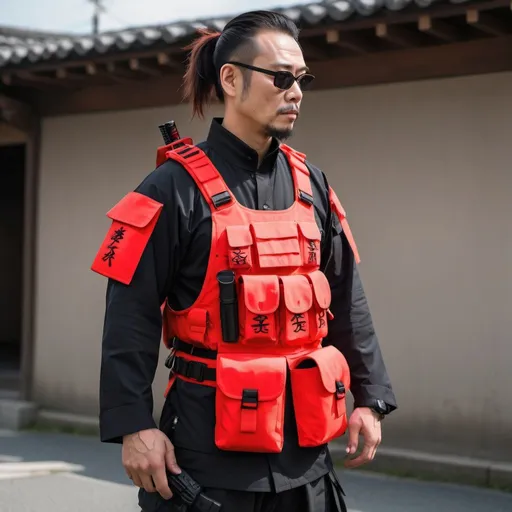 Prompt: Tech wear traditional  akira  kurosawa samurai design with multipal tactical pockets for storage straps and cryptic symbols in uv neon red  geared tactical wear