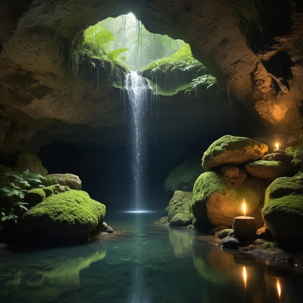 Prompt: (a) cave behind a waterfall, detailed rock formation, hidden entrance, sparkling water, moss-covered walls, mysterious atmosphere, beautiful natural light, shimmering water droplets, secret sanctuary, hidden treasures, serene atmosphere, immersive experience, tranquil sound of water, ethereal mist, echo of footsteps, enchanting environment, magical aura, sense of adventure, ancient artifacts, flickering candlelight, echoes of the past