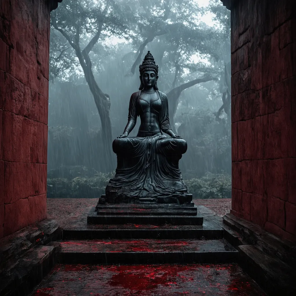 Prompt: A blood-red temple walls and floring in an ancient temple  stone statue of an ancient godess sculpture of divine gods in the rain forest mist smog and fog in the blood on the temple floor flooring atmosphere and pure black ston temple in the forest  cinematic photoshoot realistic lightings ulta hdr 32k high resolution, smooth and delicate skin, noble and elegant, ultra-realistic photography vibe, shot with Canon camera, intricate details, 32k --ar 16:9 --s 750 --v 6.1