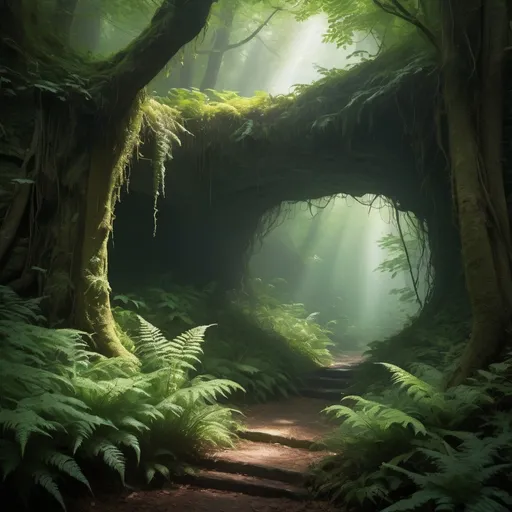 Prompt: A hidden cave entrance, camouflaged behind a tapestry of emerald green vines, ancient trees with gnarled branches, and a profusion of overgrown ferns and foliage, in a dense, misty forest, where dappled sunlight filters through the canopy above, casting intricate shadows on the forest floor, with only a faint, subtle outline hinting at the mysterious, ancient passage within, inviting exploration and discovery, created with hyper-realistic detail, complete with textures, ridges, and organic imperfections, showcasing the beauty of nature's concealment.mist and fog in the atmosphere neon glow lighting in the background