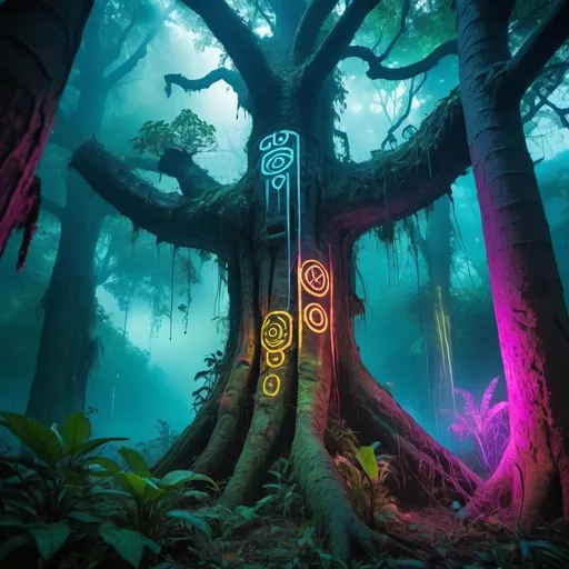 Prompt: A high-resolution brightly lit photorealistic photograph of an ancient rain forest with criptic symbols of tribals and alienish paterns on the tree trunks glowing in uv colours  cinematic cyberpunk uv lightings in the background smog and misty fog in the atmosphere broken ruins of ancient goddess skulptor glowing in uv colours  The photograph is styled like a high-end lifestle magazine. The photograph has a light bright happy feel. Use a high-resolution 16k camera with a 2:3 aspect ratio, a raw style, and a quality setting of 2 to capture this vibrant scene
. 32k, full ultra hd, high resolution, photorealistic, natural lighting, ultra realistic photo, high quality, HDR, high resolution, smooth and delicate skin, noble and elegant, ultra-realistic photography vibe, shot with Canon camera, intricate details, 32k --ar 16:9 --s 750 --v 6.1

