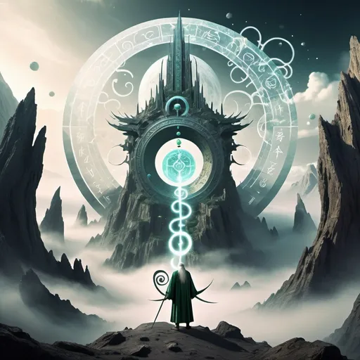 Prompt:   (Magic Giant Formation), highly unified CG design, 3D renderings, mysterious geometric shapes, clear focus, (transparent white long haired old Taoist floating in front of the twelve zodiac magic formation), robe, (Green Dragon Crescent Blade: 0.), (Long Sword), collapse of the huge black hole heaven and earth, clear magic symbols, combination magic array, gold cultivation, complex combination rituals, surrealism, surreal digital art, visual exaggeration Cyberpunk, nanopunk, light painting, thick fog, mountains, towers, meteorites,    Scene of conspiricy of otherly world, mist, climate of suspense, anger