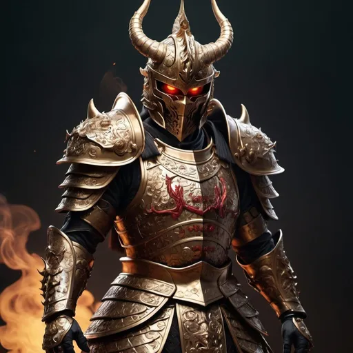 Prompt: warrior, concept-art, author：Kishiganku, Fantasy art, battleground background, clean render, a horned, Wear a suit of armor, Detailed bushido form smoke, helmet of a forgotten deity, character is standing, 8k Realistic, in game render, detailed face background detail, Art station front page, taur, Pseudo-medieval fantasy, A deity wearing koi armor, detailed bronze armor, Bronze armor, golden etched armor, gold obsidian armor, Light gold armor, Gorgeous filigree armor, A demonic warrior, Gorgeous armor full of thorns, Intricate assasin armor, Intricate metal armor, powerful warrior, Dressed in gorgeous gold armor，Decorated with intricate patterns, The helmet has a large crown and two horns,Glowing red eyes， Everything is in the dark, The smoky background alludes to battle scenes, Add an ominous aura to his character，submission, Full body shot.