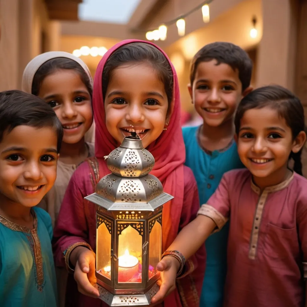 Prompt: A joyful little tribal girls and boys holding a colorful Ramadan lantern, her face beaming with happiness and innocence, traditional Ramadan decorations in the background, warm and inviting atmosphere, Photography, using a 50mm prime lens with a wide aperture to create a shallow depth of field and focus on the girl and lantern --ar 16:9 --cref --cw 100