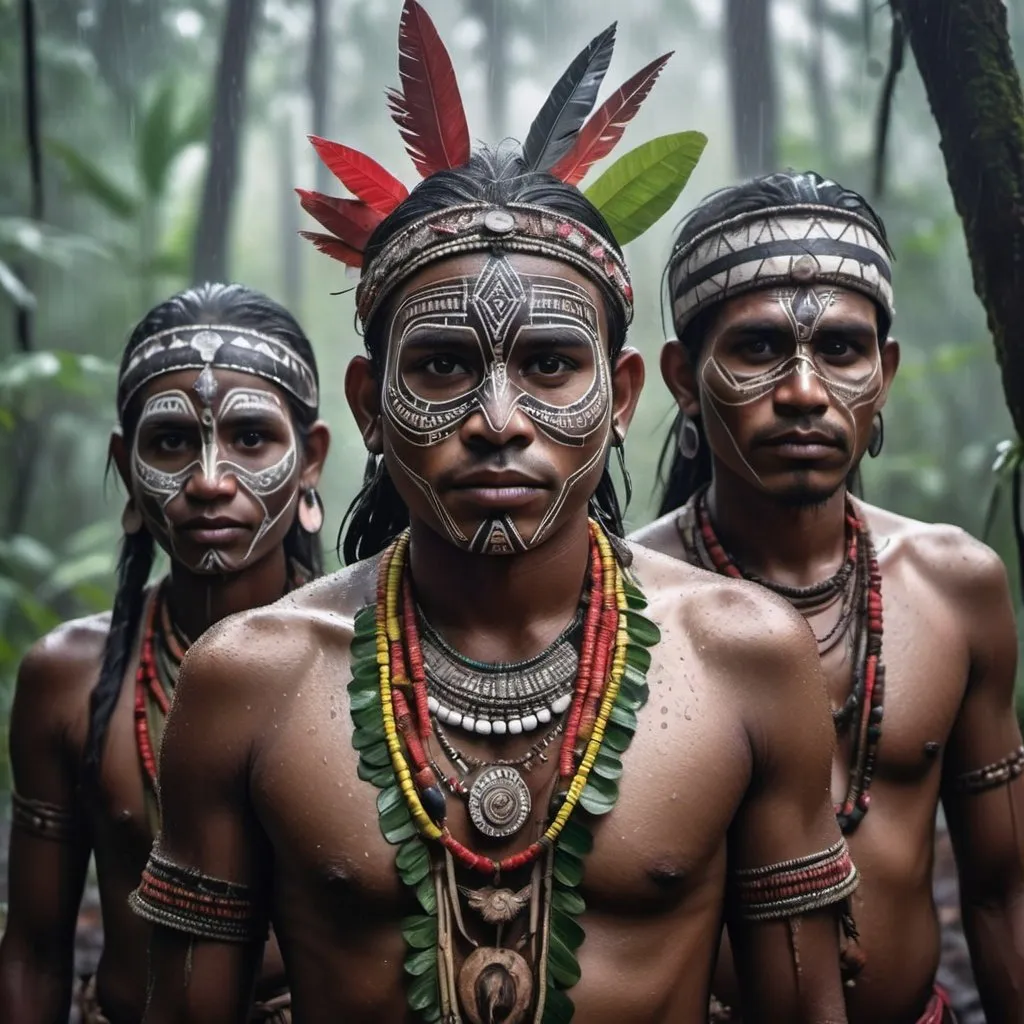 Prompt: Rain forest tribals In the forest with tribal hunters wearing tribal face mask colourfull ornaments and tribal clothes Misty fog enviornment with a drizzle of rain Bokeh, Light particles, monochrome, Highly detailed painting,(dark hues:1.3),(Close portrait:1.3),thematic background