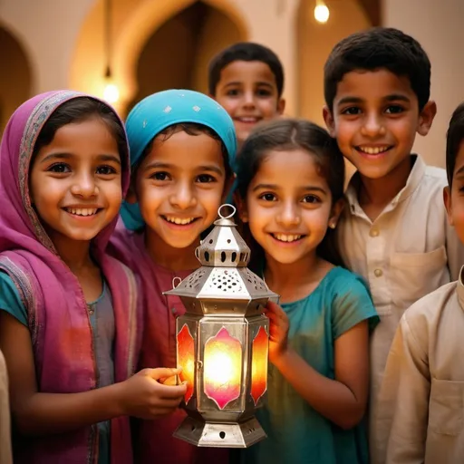 Prompt: A joyful little tribal girls and boys holding a colorful Ramadan lantern, her face beaming with happiness and innocence, traditional Ramadan decorations in the background, warm and inviting atmosphere, Photography, using a 50mm prime lens with a wide aperture to create a shallow depth of field and focus on the girl and lantern --ar 16:9 --cref --cw 100