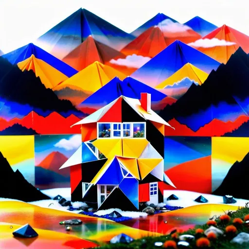 Prompt: origami tiny house on epic Himalayan snow mountain landscape, wabi-sabi style, moody ambient of early spring, overgrown medicinal herbs and wild flowers, floating and glowing diamonds and translucent opal and ammolite and moonstone and lapis lazuli and red coral and pearls, meditation stones, early morning at daybreak, hint of rainbow in the sky, god’s ray, morning mist, floating clouds touching the grassland, stylized by Alessandro Michele, photography by Hiroshi Sugimoto and Marta Bevacqua and petra collins, texture, ambient, natural lighting, mythology and folklore, children’s story, award winning cinematography, natural lighting, enlightening, inspiring, meditative, nostalgic, contemplative, hope, dreamlike, poetic, --v 6.0 --c 10 --ar 4:5