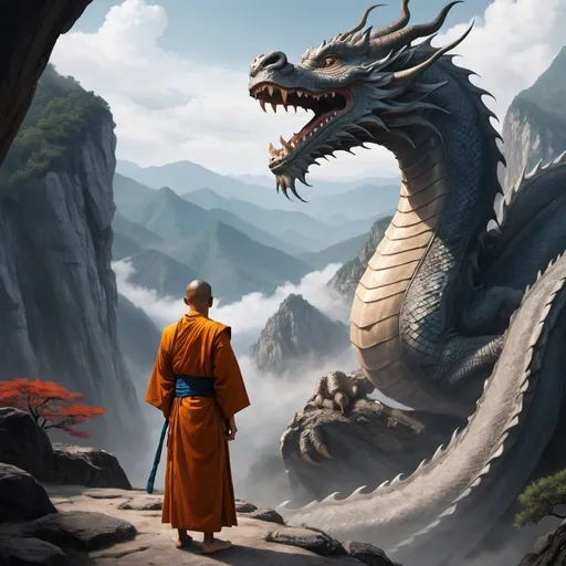 Prompt: a monk watches quietly as a massive dragon moves into view from around the edge of a mountain.