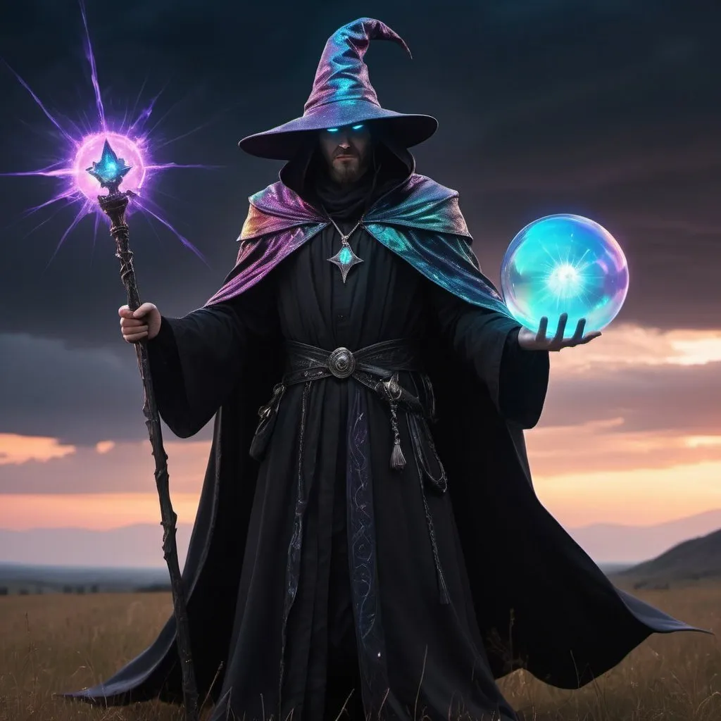 Prompt: A High Mage with a very large wizard's hat that covers part of his face, Angry face with neon flash lit eyes, holding his crystal staff, full black long clothing and cloak, full black clothing, emanating an extremely dark aura, Body full length, FULL BLACK, {extremely detailed 8k CG unit wallpaper}, expansive landscape photography, (a low view focusing on character and setting), (wide open field view), (low angle shot ), (high light: 1.0), (low light: 1.6), (warm light source: 1.2), complex details, (iridescent colors: 1.8), (bright lighting), (atmospheric lighting), dreamy, magical, surrealistic