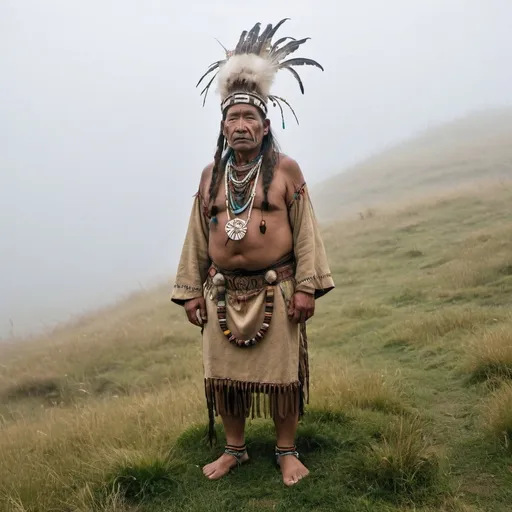 Prompt: A tribal shaman standing on a grassy hill in the misty fog