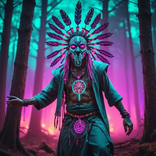 Prompt: Cyberpunk forest neon sfumato wide shot of a cyberpunk dancing shaman with a shamanic mask  with shamanic ornaments | forest background | colourfull  hued gradient effect | futuristic glowing runes --ar 16:9 --s 120 --style raw --v 6.0