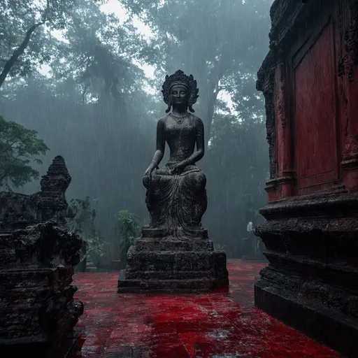 Prompt: A blood-red temple walls and floring in an ancient temple  stone statue of an ancient godess sculpture of divine gods in the rain forest mist smog and fog in the blood on the temple floor flooring atmosphere and pure black ston temple in the forest  cinematic photoshoot realistic lightings ulta hdr 32k high resolution, smooth and delicate skin, noble and elegant, ultra-realistic photography vibe, shot with Canon camera, intricate details, 32k --ar 16:9 --s 750 --v 6.1