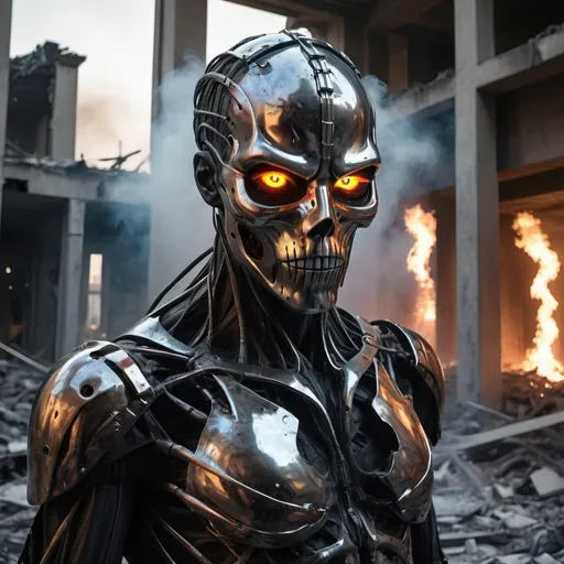 Prompt: breathtaking cinematic science fiction photo of a portrait of a non human masked Grim wrapped in universal smoke chrome metal skin, body full glowing metrics inside, glowing multicoloured eyes, multifaceted eyes, metallic arms, inside a destroyed building, extremely menacing creature, highly detailed, award-winning