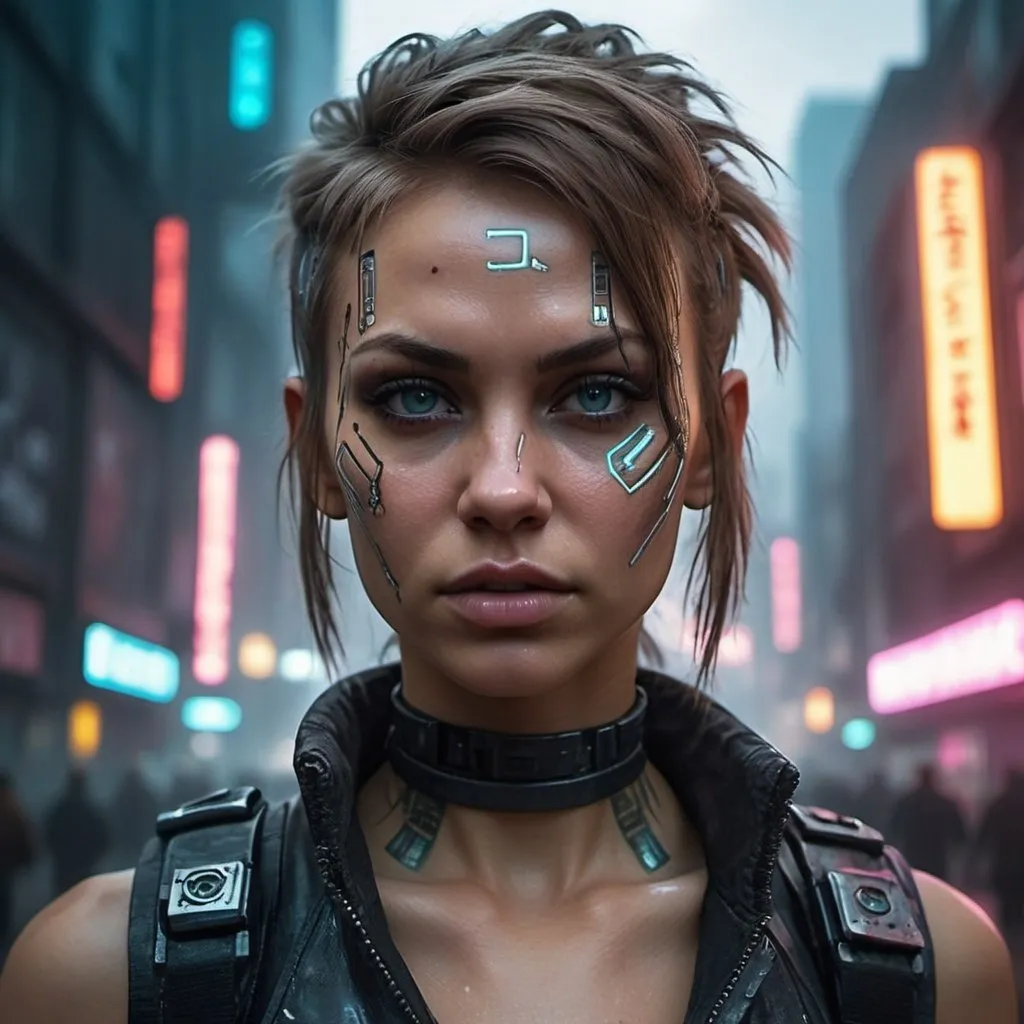 Prompt: (detailed face), (photorealistic), (masterpiece), (photography), (realistic skin texture), katya clover in a dystopian cyberpunk city, (cyborg:1.3), bladerunner, dark misty street, punk hairstyle, cybernetic face modifications, body modification, Lara Croft video game character, wearing cyberpunk clothes, neon signs, misty,,