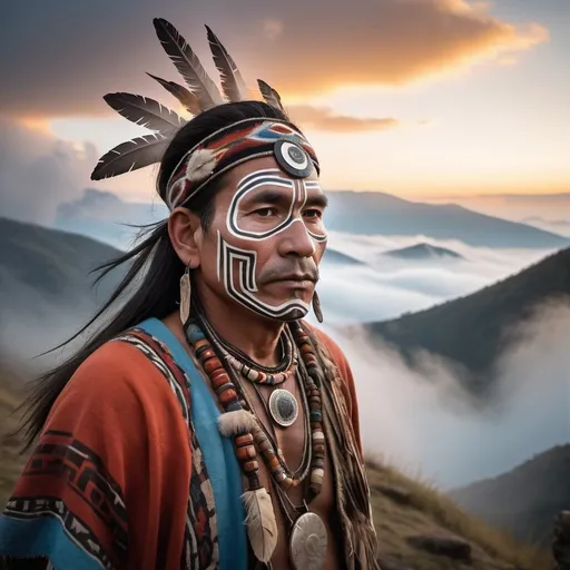 Prompt: A shaman with shamanic clothes face mask and shamanic ornaments standing on a mountain in the fog with clouds near it,with tribal huts and tribes at a distance sunset   eroded surfaces, soft-focus portraits, adventure themed, monumental forms, close-up --ar 16:9 --style raw --sref s.mj.run/J-d4B3VQ0kg ::2 s.mj.run/k10fV_CeLnE ::2 s.mj.run/luN48Wu1JBc s.mj.run/CipB5QUrd-k s.mj.run/tAhMiKfQh5k ::9 s.mj.run/55fTN3X5eIs --sw 1000 --v 6.0