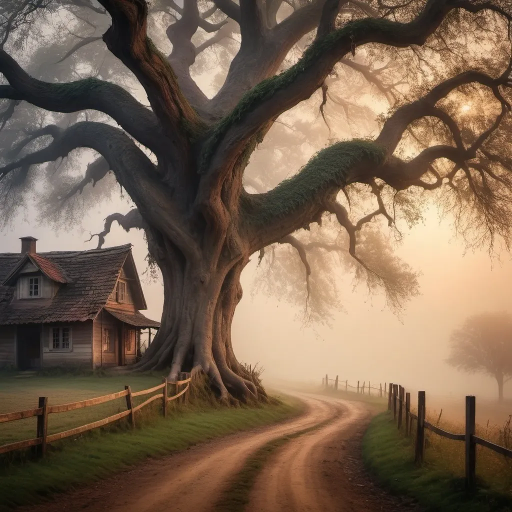 Prompt: Create a village road house with a dried huge tree with mist and mog in the atmosphere twilight zone 