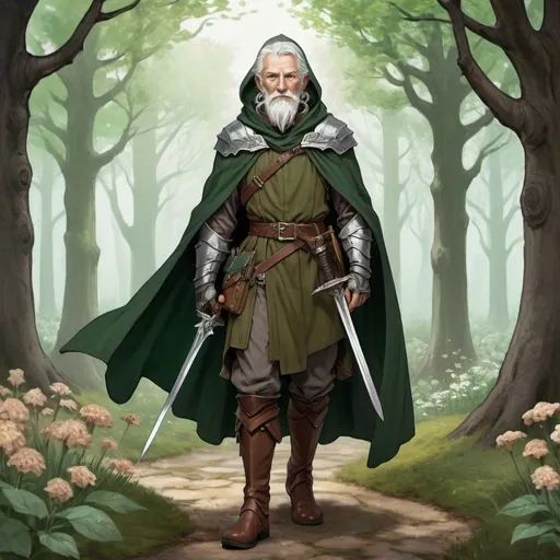 Prompt: full body illustration of a fantasy character for dnd 5e, old man, human, fighter, eldritch knight with a fairy background, tousled white / grey hair shoulder length, beard, green eyes, darkgreen tunic and plate armor, brown long cape with hood, longsword on the back, brown leather boots, green ocarina around the neck, woods and flowers in the background, style like arthur rackham --ar 3:4 --c 0 --s 500 --v 6.0