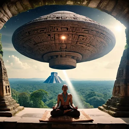 Prompt: Pleiadian ufo in meditation with the shaman of the Mayans in the pyramids of Tikal cinematic Photo realistic --ar 1:2 --s 250 --c 15 --v 6.0