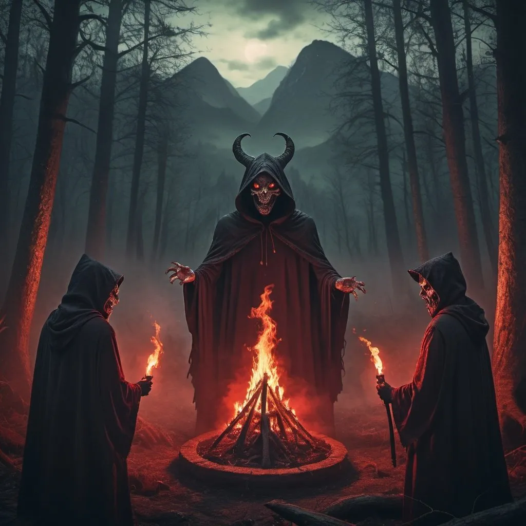 Prompt: Satanic ritual in forest, hooded people in a circle, horrifying demon with frog face, hazy background, realistic epic, rutkowski, hdr, intricate details, hyperdetailed, cinematic, rim light, muted colors: 1.2, dark fantasy, dark sky, with dark mountains in the background, dark atmosphere, fear, horror, torches of fire, red, dark forest, night, scary