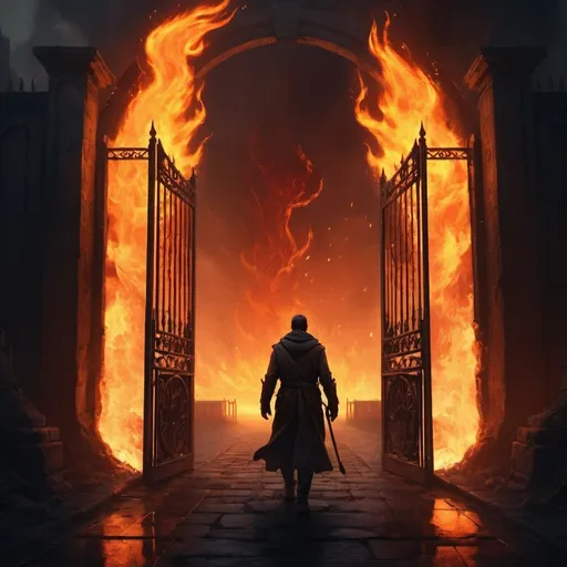 Prompt: A man walks through the gate，flaming background，The Lost Gate of the Domain of Fire，dramatically art，dark cinematic concept art，Epic digital art，epic cinematic concept art，digital painting concept art