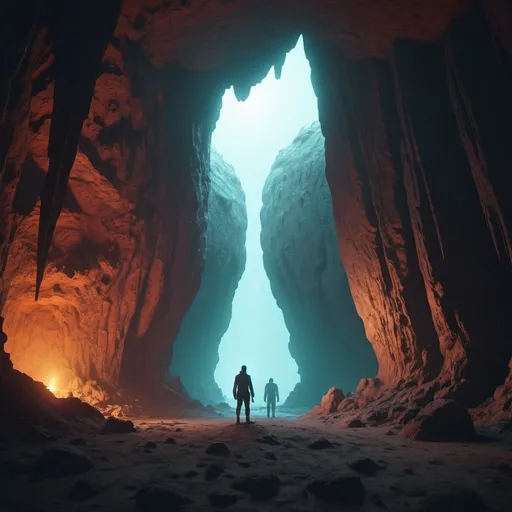 Prompt: there is a man standing in a cave with a light at the end, from a 2 0 1 9 sci fi 8 k movie, beeple. octane render, beeple and jean giraud, cinematic beeple, beeple and tim hildebrandt, unreal engine 5 render dramatic, dramatic sci-fi movie still, unreal engine 5 digital art
