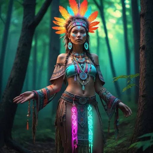 Prompt: A shaman in the forest wearing shamanic costume and ornaments study, sketch, fashion sketch, genderbend, woman, fantasy, colourfull neon uv tunic, embroidery, detail, 4k, full body, head to toe, full sketch, full outfit, standing in the forest blurry baground neon lightings in the baground