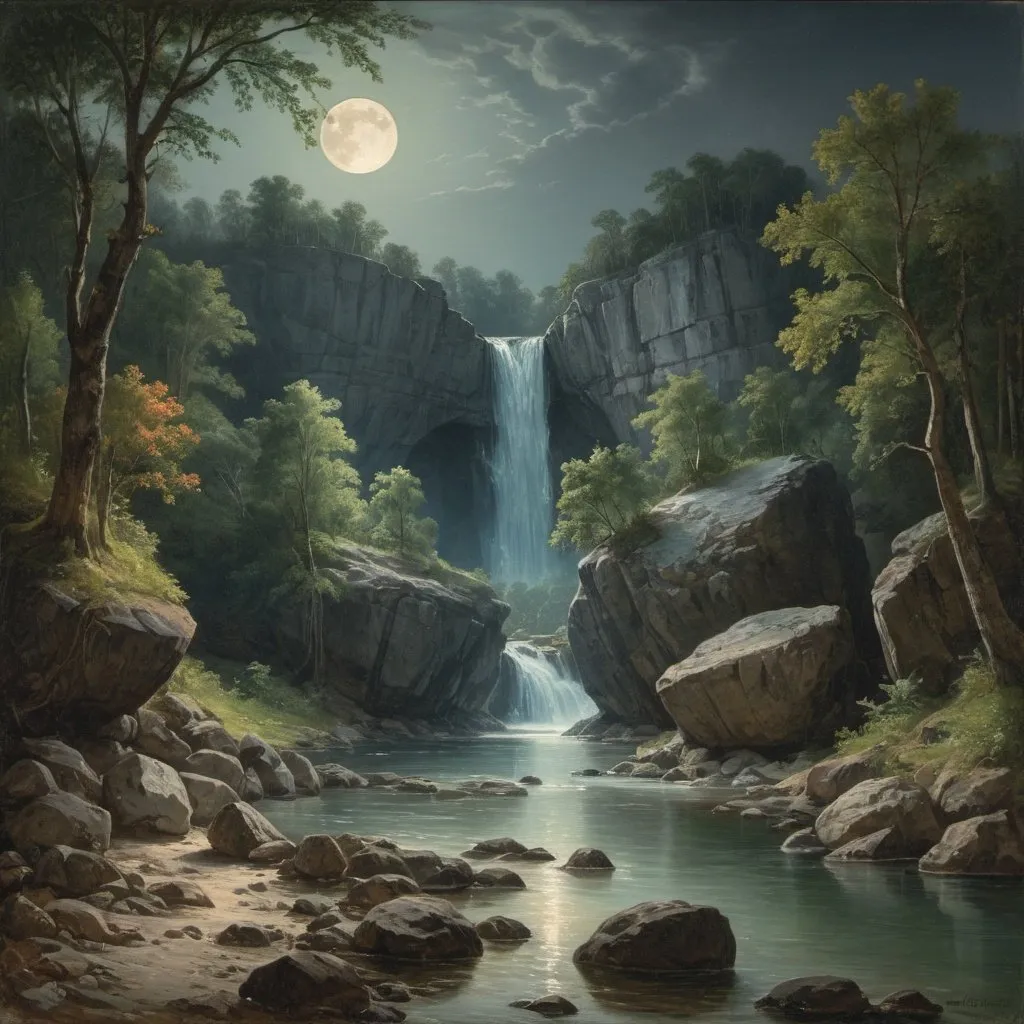 Prompt: painting of a river with rocks and trees in the foreground, por Martinus Rørbye, por Adolf Hölzel, por Adolf Schrödter, by Karl Otto Götz, por Vilhelm Lundstrom, by Antón Otto Fischer, by Joseph von Führich, por Carl Eugen Keel, por Adolf Born, near a river, landscape, jungle, waterfall, crystal clear water, night light, full moon, colorful, river with rocks, rock bridge, epic, fantasy,