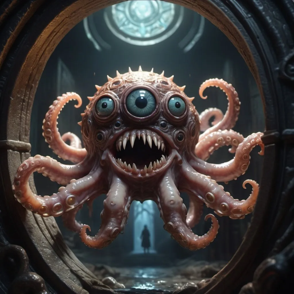 Prompt: glamour shot from a low angle capturing a (D&D beholder:1.3) straining to go through a (magical portal:1.4), (intricate details), (hyperdetailed), 8k hdr, high detailed, lot of details, high quality, soft cinematic light, dramatic atmosphere, atmospheric perspective, masterpiece, best quality, photograph, dreamlike, face focus, intricate details, sharp focus, photography, photorealism, photorealistic, 8k, soft focus, volumetric light,(intricate details), (hyperdetailed), 8k hdr, high detailed, lot of details, high quality, soft cinematic light, dramatic atmosphere, atmospheric perspective, (grim dark sci-fi fantasy), soft tissue, slime, (eldritch horror:1.3), octopus, cosmic horror,