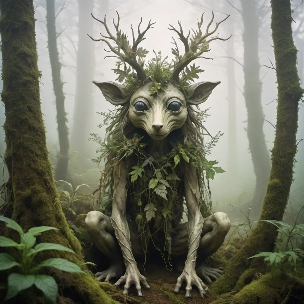 Prompt: A forest creature made from dense fog, surrounded by mist and lush vegetation. In the style of Wendy Froud's eco-art.