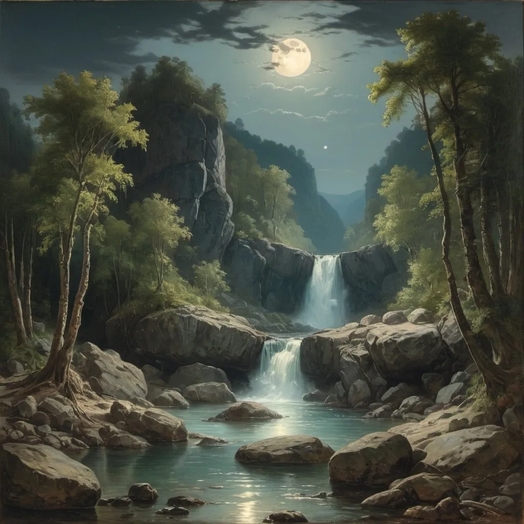 Prompt: painting of a river with rocks and trees in the foreground, por Martinus Rørbye, por Adolf Hölzel, por Adolf Schrödter, by Karl Otto Götz, por Vilhelm Lundstrom, by Antón Otto Fischer, by Joseph von Führich, por Carl Eugen Keel, por Adolf Born, near a river, landscape, jungle, waterfall, crystal clear water, night light, full moon, colorful, river with rocks, rock bridge, epic, fantasy,