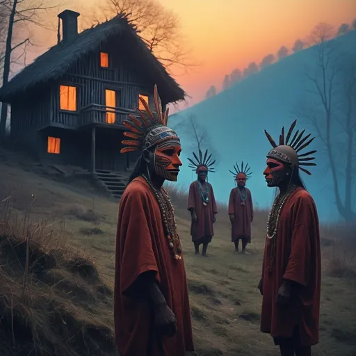 Prompt: A photoshoot of a tribal homes by sunset by the hill in the forest with tribals wearing ornaments and tribal mask and tribal clothes with cinematic uv lightings in the bagrpund blured photoshoot style of Zdzislaw Beksinski