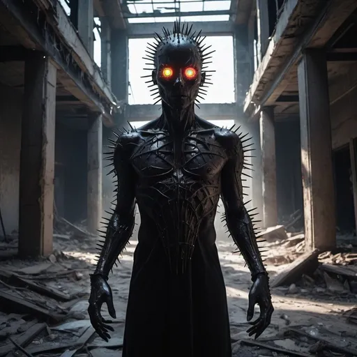 Prompt: breathtaking cinematic science fiction photo of a portrait of a blackedout non-human masked Dark figure, ghost skin, body full of spikes and glowing metrics inside, glowing multicoloured eyes, multifaceted eyes, metallic arms, inside a destroyed building, extremely menacing creature, highly detailed, award-winning