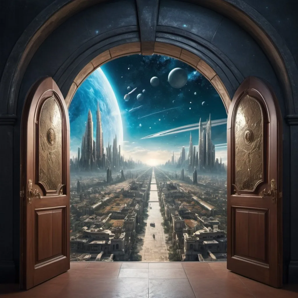 Prompt: in a panoramic view，photorealestic，The two worlds are on the left and right sides of the screen，On the left is the sci-fi modern city and army，On the right are the cities and armies of the ancient magical era，The middle of the two pictures is connected by an arched door full of mystery，Inside the arched door is the cosmic starry sky